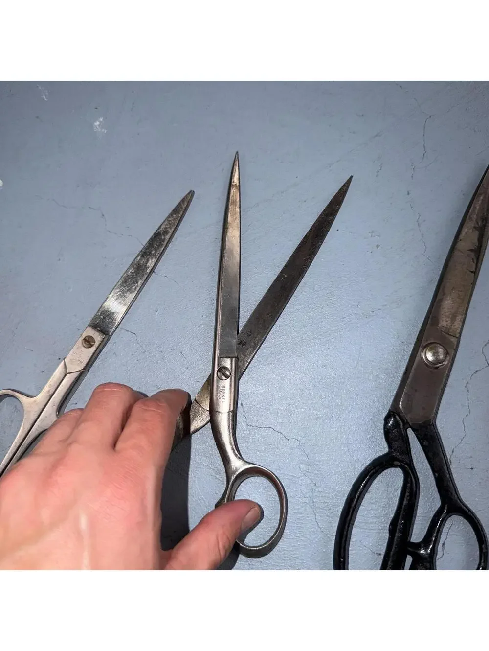 4 Pairs of Used Vintage Scissors Silver Handle Henkel Italy Steel Rare 60s